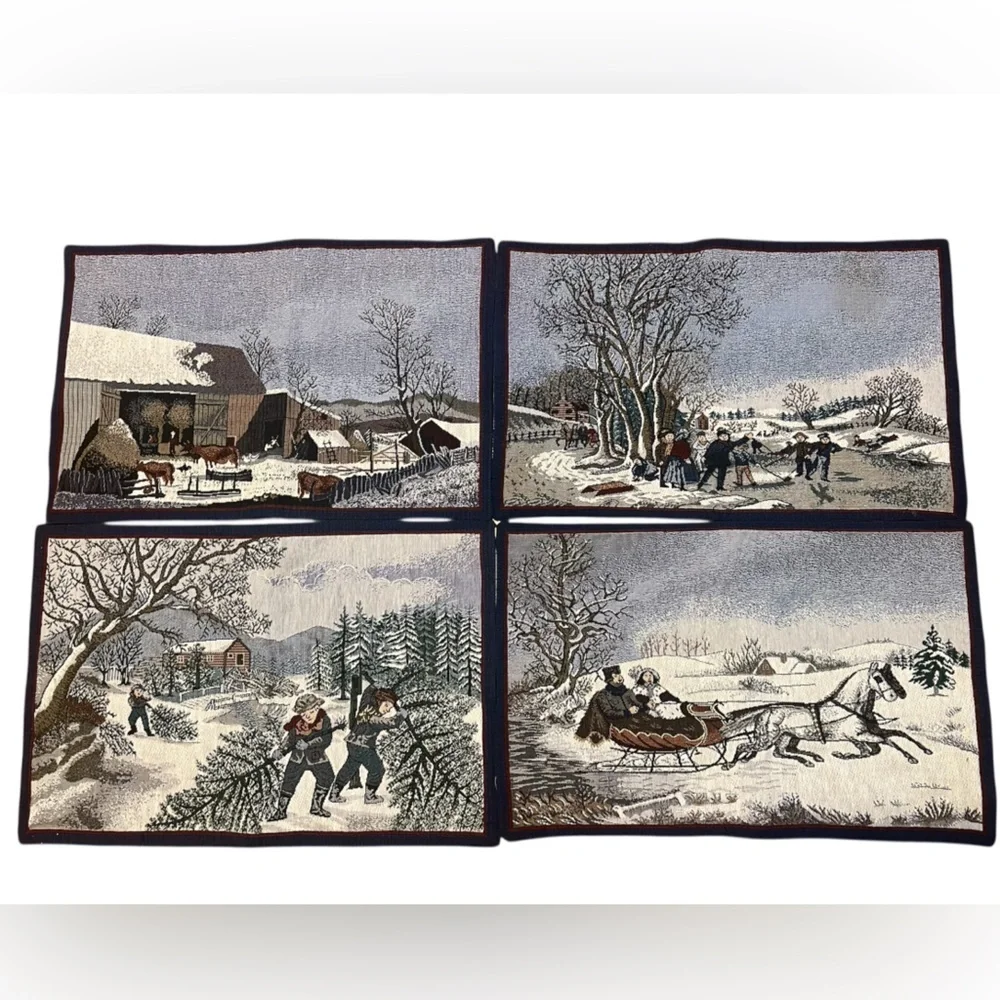 Winter Scene Tapestry 4 Placemats Navy Back